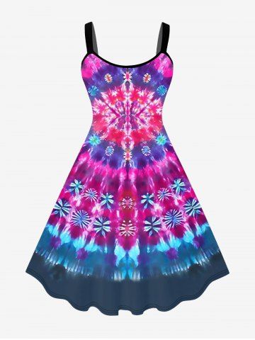 Plus Size Floral Tie Dye Print A Line Dress - PURPLE - S