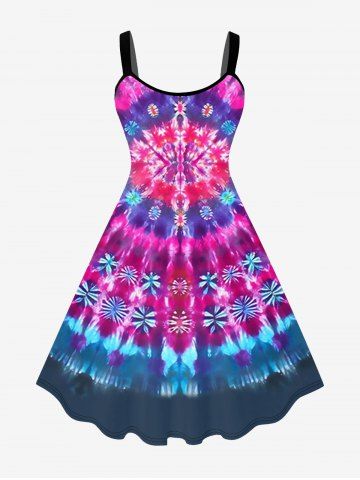 Plus Size Floral Tie Dye Print A Line Dress - PURPLE - M
