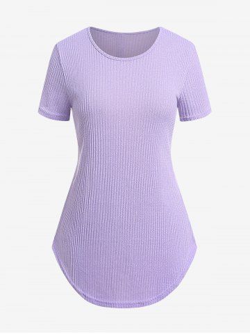 Plus Size Solid Color Ribbed Buttons Short Sleeves T-shirt - PURPLE - XL