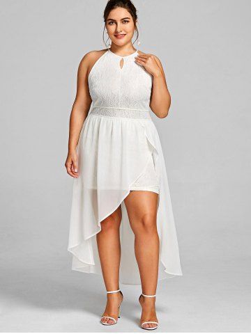 Plus Size Keyhole Neck Open Shoulder Asymmetric Lace Dress - WHITE - L | US 12