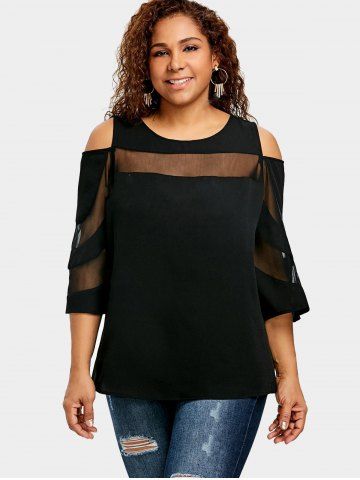 Plus Size Mesh Panel Solid Color Cold Shoulder T-shirt