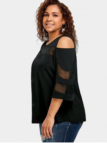 Plus Size Mesh Panel Solid Color Cold Shoulder T-shirt
