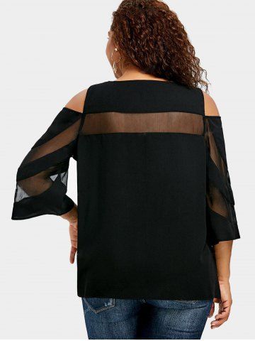 Plus Size Mesh Panel Solid Color Cold Shoulder T-shirt