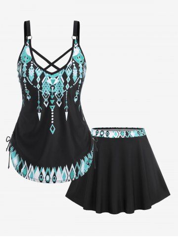 Plus Size Ethnic Print Crisscross Skirt Tankini Swimsuit - BLUE - 4X | US 26-28