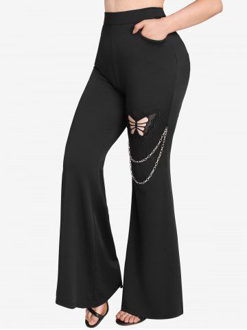 Plus Size Pockets Chains Hollow Out Butterfly Flare Pants - BLACK - M | US 10