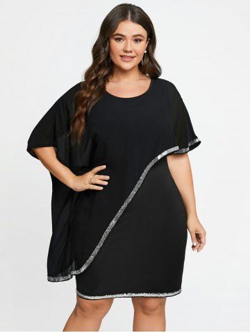 Robe Moulante Superposée à Manches Courtes de Grande Taille à Paillettes - BLACK - 5X | US 30-32