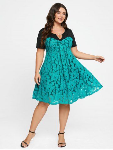 Plus Size Chain Panel Twisted Double Layered Lace Dress