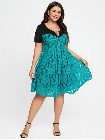 Plus Size Chain Panel Twisted Double Layered Lace Dress