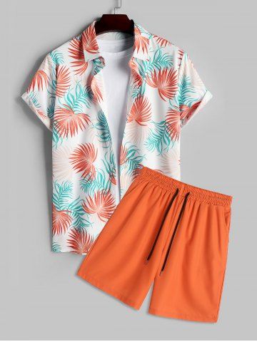 Tropical Leaves Pattern Short Sleeves Shirt and Solid Color Board Shorts Hawaiian Set - ORANGE - S