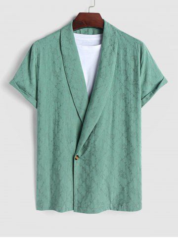 Rose Jacquard Lapel Collar Single Button Short Sleeves Shirt - GREEN - S