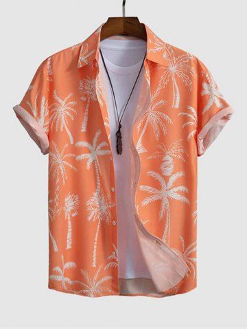 Short Sleeves Palm Tropical Print Beach Vacation Shirt - DARK ORANGE - M