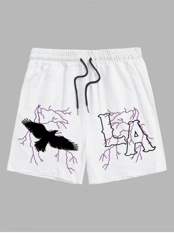 Letter LA Eagle Graphic Printed Drawstring Casual Shorts - WHITE - L