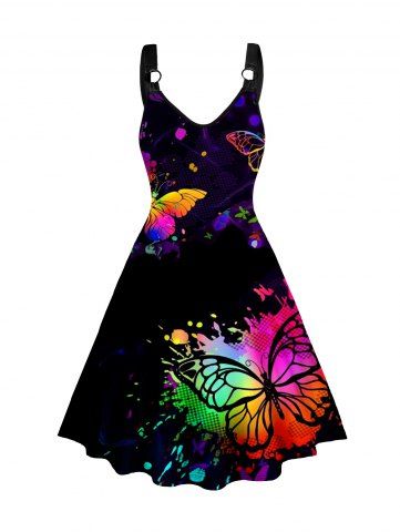 Plus Size Butterfly Splash Painting Print V Neck O-ring Strap A Line Midi Dress - BLACK - L