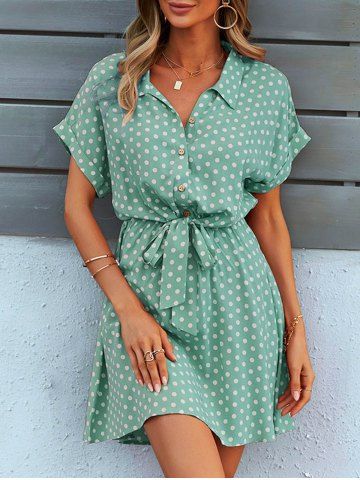 Allover Polka Dots Print Half Button Short Sleeve Mini Dress - LIGHT GREEN - M