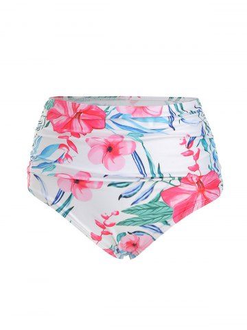 Flower Print High Waisted Ruched Swim Briefs - WHITE - 3XL