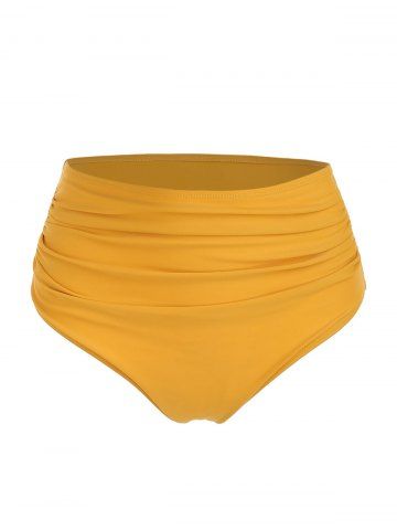 High Waisted Ruched Plain Color Swim Briefs - YELLOW - S