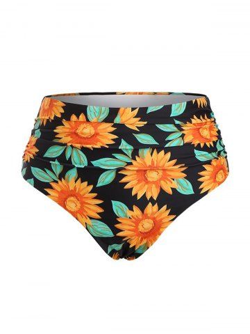 Sunflower Leaf Print High Waisted Ruched Swimsuit Bottom - BLACK - XXL