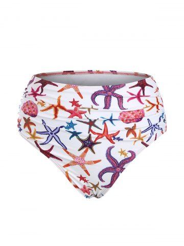 Starfish Print High Waisted Ruched Swimsuit Briefs - WHITE - XXL