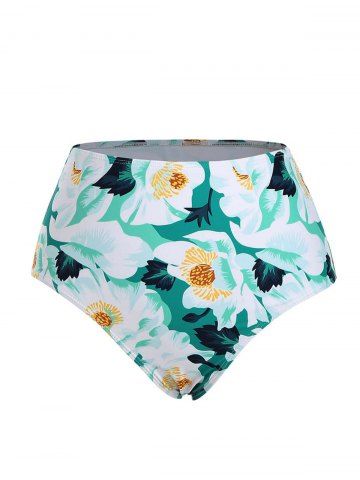 Flower Print High Waist Swim Briefs - GREEN - L