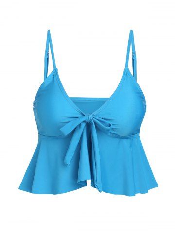 Plain Color Bowknot Tied Flounce Spaghetti Strap Padded Tankini Swimsuit Top - LIGHT BLUE - XXXL