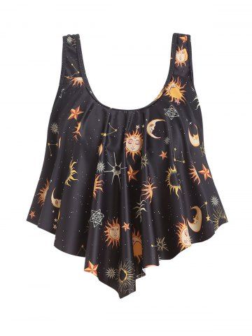 Sun Moon Star Print Pointed Hem Padded Swimwear Top - BLACK - 3XL