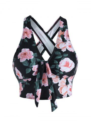 Flower Print Bowknot Tied Crossover Padded Tankini Swimsuit Top - BLACK - S