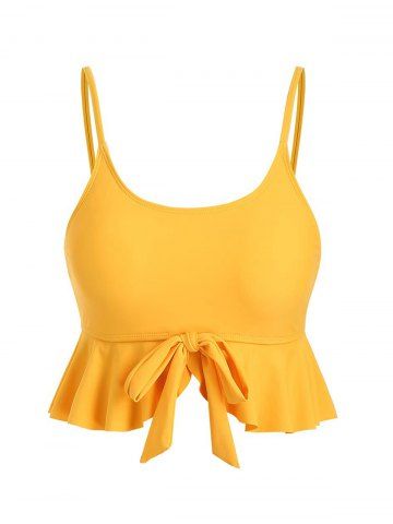 Plain Color Bowknot Tied Flounce Padded Spaghetti Strap Tankini Swimsuit Top - YELLOW - S