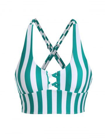 Contrast Vertical Stripe Print Crisscross Padded Swim Top - GREEN - L