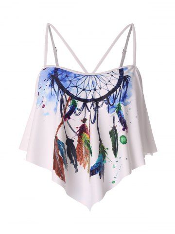 Feather Dreamcatcher Print Padded Spaghetti Strap Flounce Swim Top - WHITE - XXL