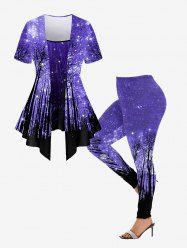 Galaxy Trees Glitter Printed 2 In 1 Tee and Leggings Plus Size Matching Set -  