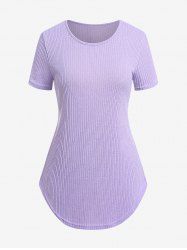 Plus Size Solid Color Ribbed Buttons Short Sleeves T-shirt -  