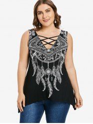 Plus Size Feather Print Criss Cross Tank Top -  