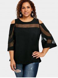 T-shirt Panneau en Maille en Couleur Unie à Epaule Dénudée de Grande Taille - Noir M | US 10