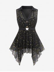 Plus Size Stars Printed Heart Buckle Buttons Sheer Blouse -  