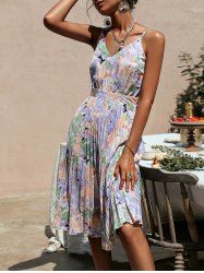 Robe Mi-Longue Plissée à Bretelle Fine Imprimée à Col V - Violet clair L