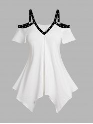Plus Size Contrast Colorblock Grommet Cold Shoulder Asymmetrical T Shirt -  