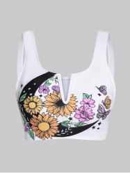 Moon Flower Print Padded V Notched Strap Padded Tankini Swimsuit Top -  