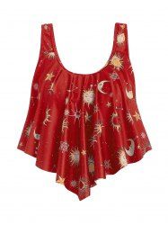 Sun Stars Moon Print Pointed Hem Padded Tankini Top -  