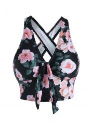 Flower Print Bowknot Tied Crossover Padded Tankini Swimsuit Top -  