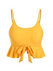 Plain Color Bowknot Tied Flounce Padded Spaghetti Strap Tankini Swimsuit Top -  