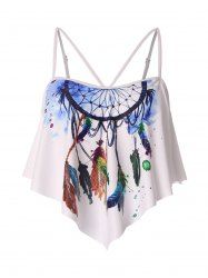 Feather Dreamcatcher Print Padded Spaghetti Strap Flounce Swim Top -  