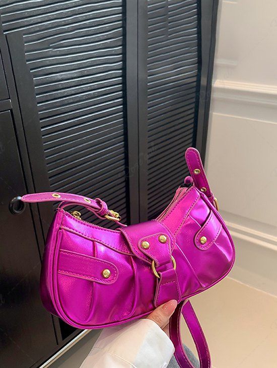 Sac à Bandoulière Plissé en Couleur Métallisée Orné de Rivets pour Femmes Twilight Gold 
