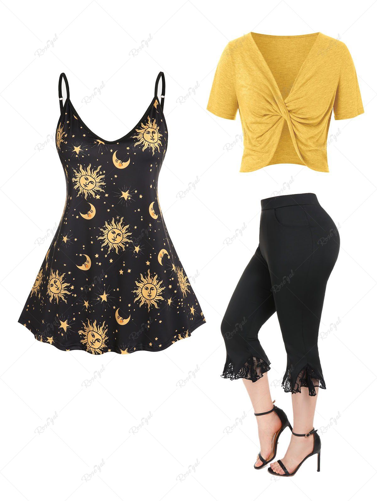 Outfit Sun Moon Print Tank Top + Twist Crop Top + Capri Pants Plus Size Summer Outfit  