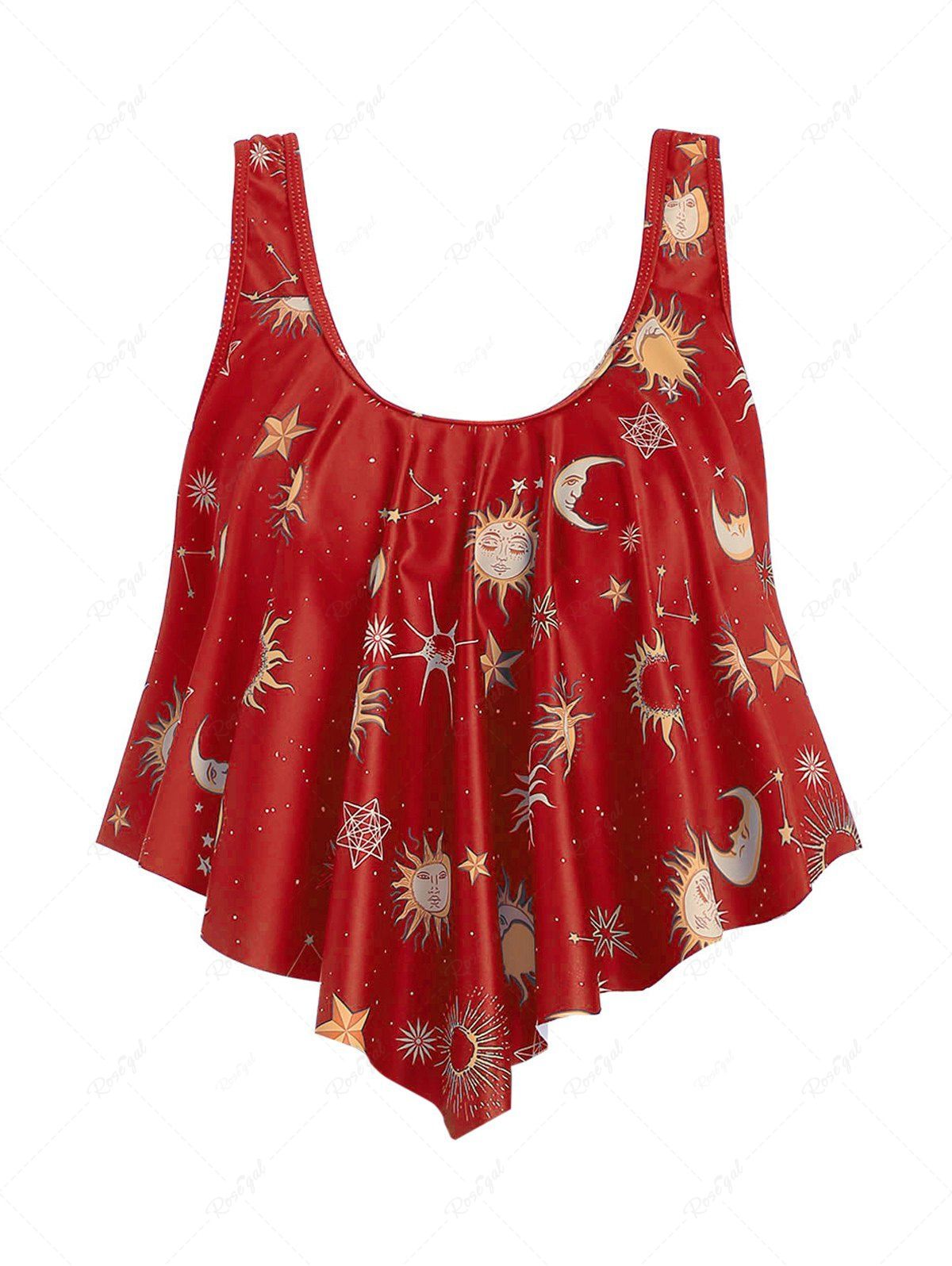 Latest Sun Stars Moon Print Pointed Hem Padded Tankini Top  