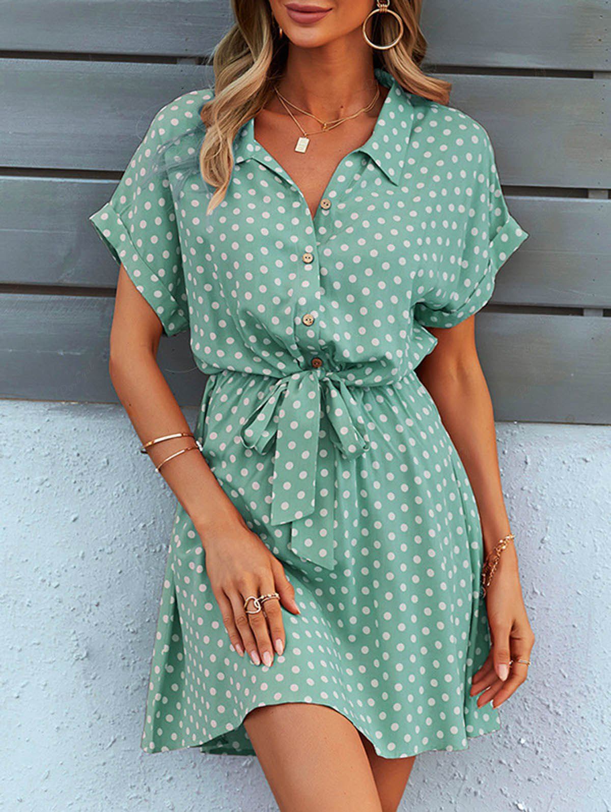 Mini Robe Demi-Bouton à Manches Courtes à Imprimé Pois Vert clair M