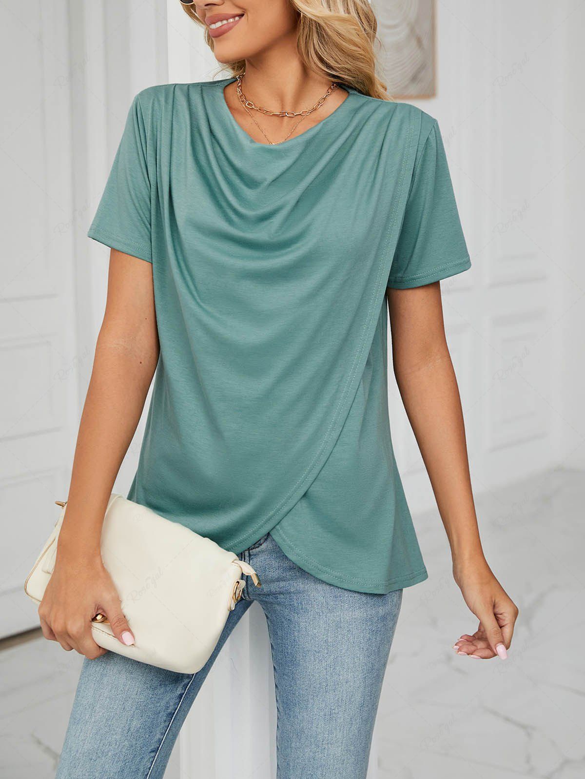 New Solid Color Ruched Draped Tulip Hem Short Sleeve T-shirt  