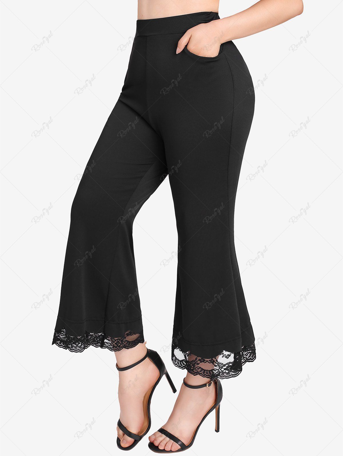 Trendy Plus Size Lace Panel Pocket Pull On Flare Pants  