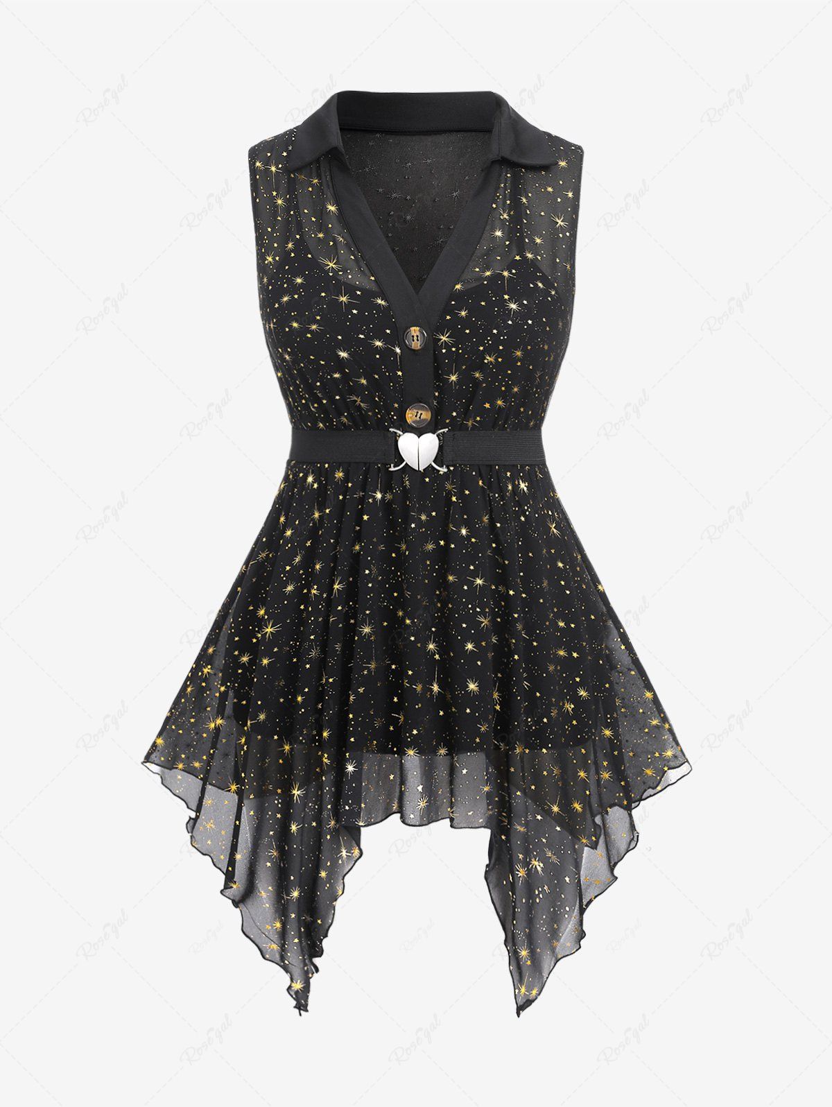 Store Plus Size Stars Printed Heart Buckle Buttons Sheer Blouse  