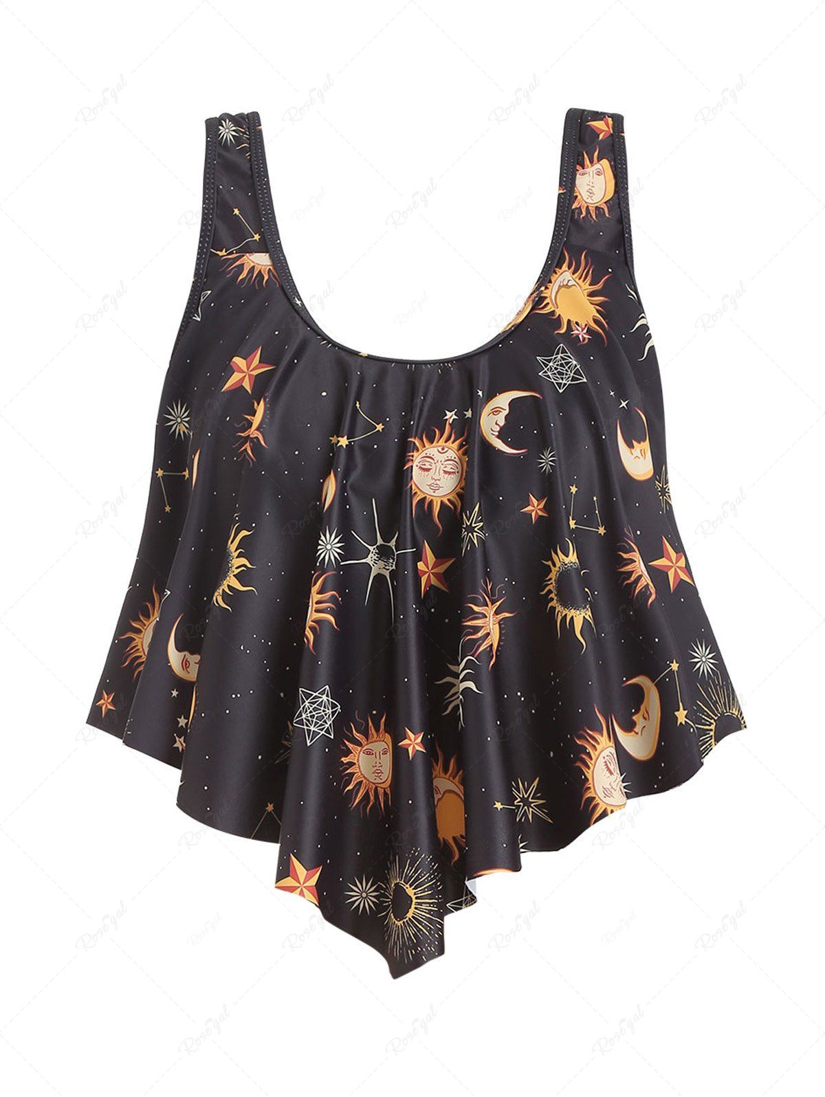 Affordable Sun Moon Star Print Pointed Hem Padded Swimwear Top  