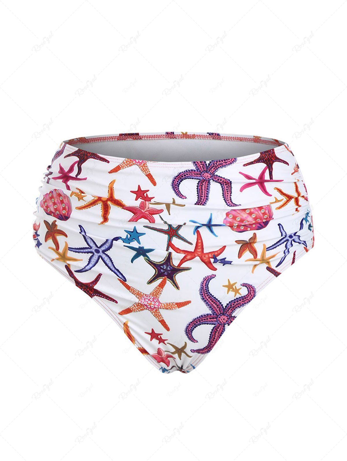 Trendy Starfish Print High Waisted Ruched Swimsuit Briefs  